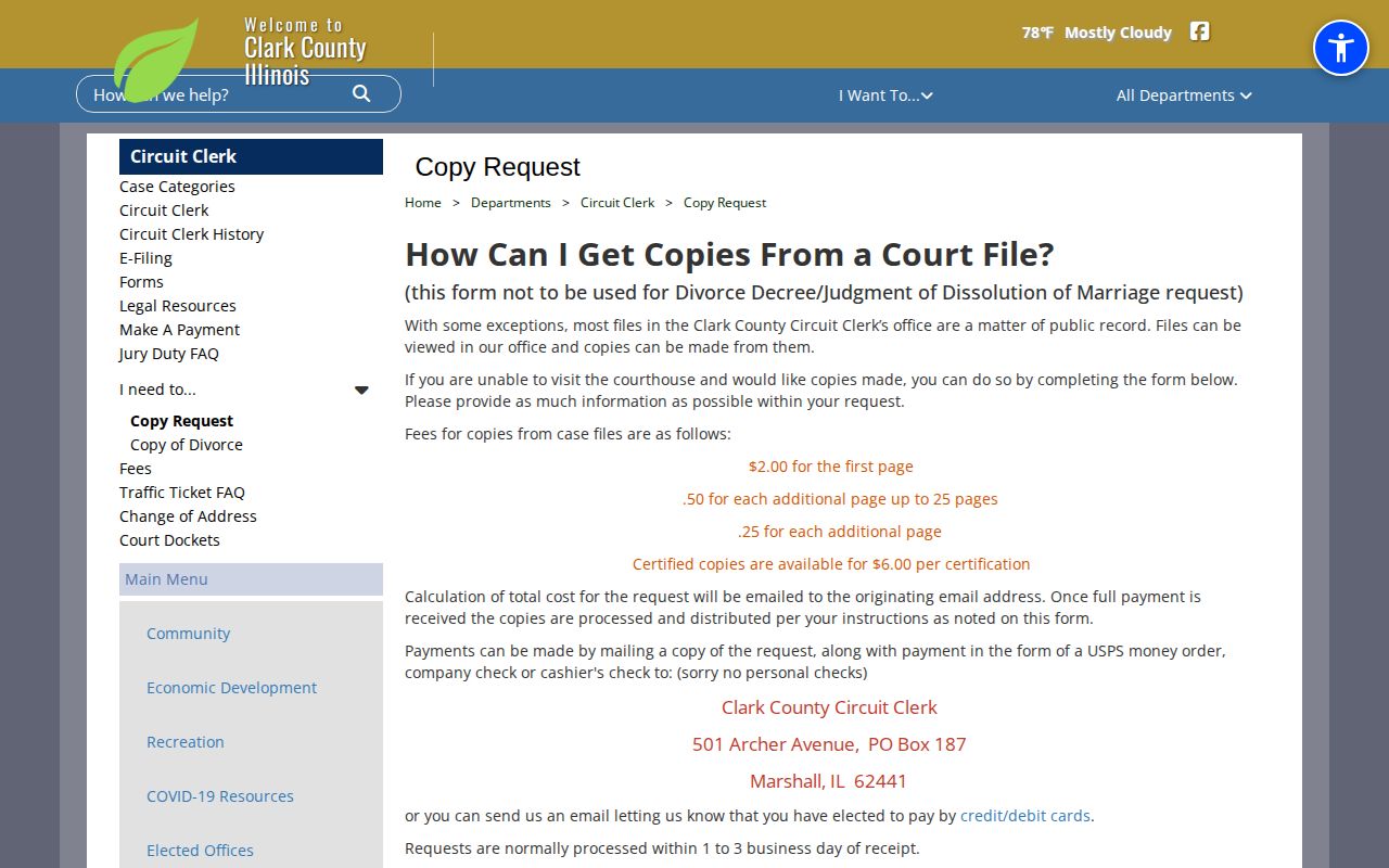 Clark County Circuit Clerk record copy request page